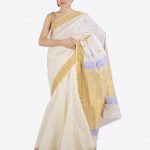 Cream Colour golden and blue work Saree