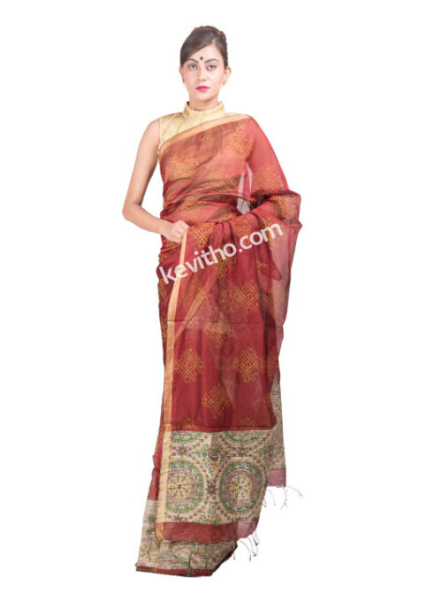 Copper Colour Block Print Mekhela Chadar